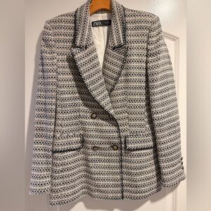 Zara Navy and White Tweed Blazer